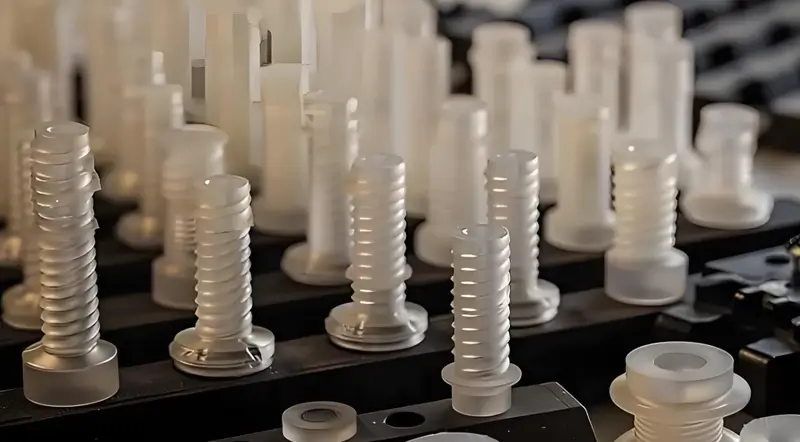 Close-up of threaded plastic parts arranged in rows