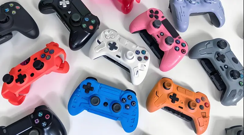 A group of colorful injection molded game controllers on display