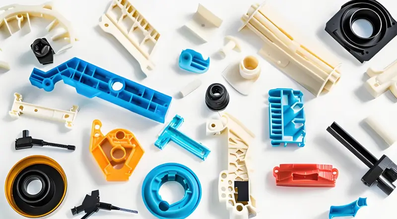 Assortment of colorful injection molded plastic parts on white background