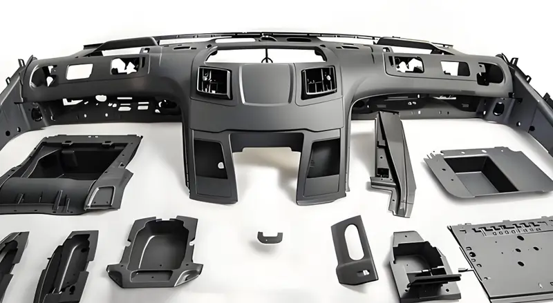 Demonstrating injection molded various vehicle instrument panel parts