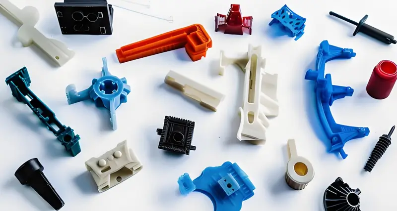 Pezzi di plastica stampati a iniezione colorati e assortiti su sfondo bianco