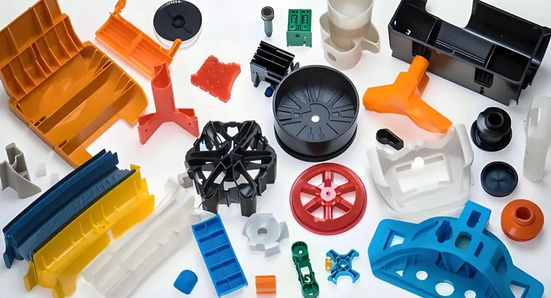 Sulla superficie sono disposte varie parti colorate stampate a iniezione in plastica.