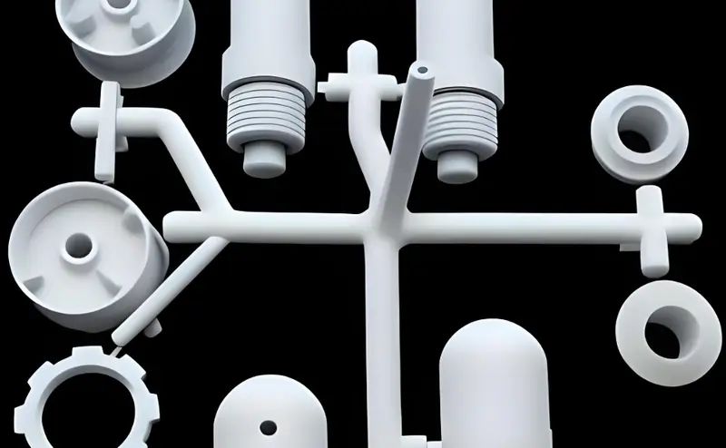Various white plastic injection molded product parts are arranged in an orderly manner