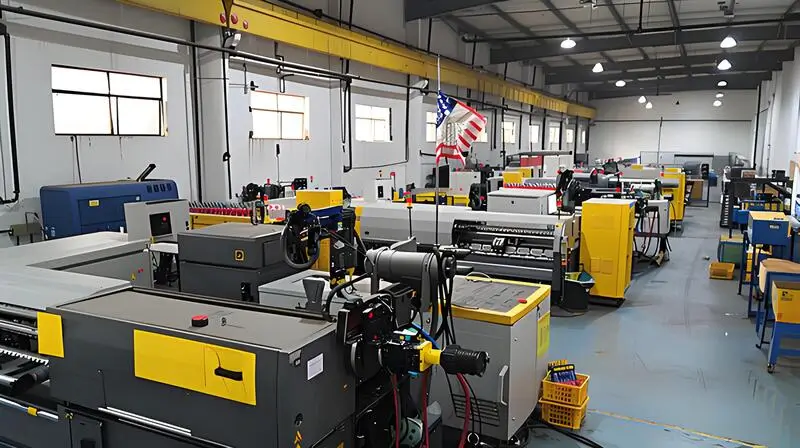 Industrial injection molding machines are lined up in a spacious workshop
