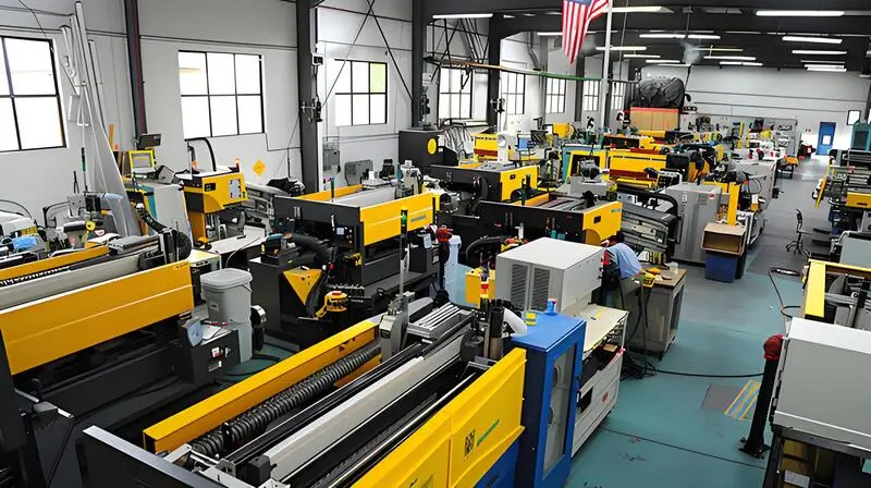 Several injection molding machines neatly arranged in a factory space
