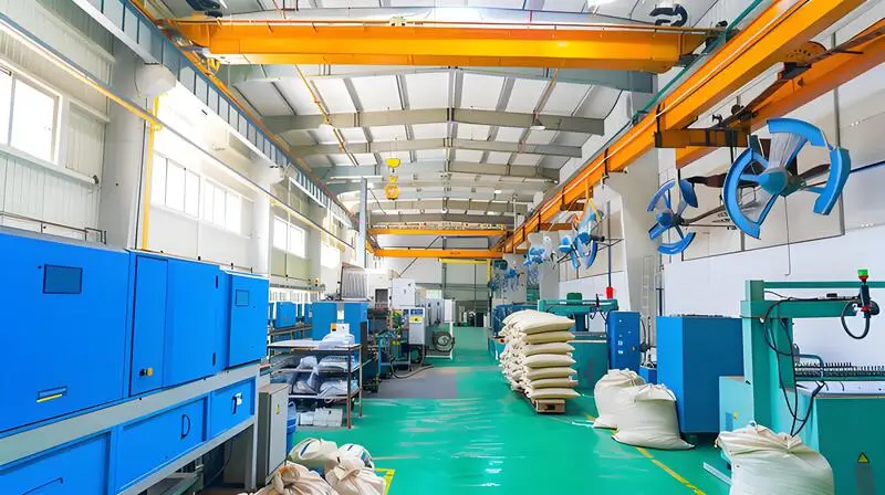 Industrial injection molding machines are arranged in a spacious and well-lit facility