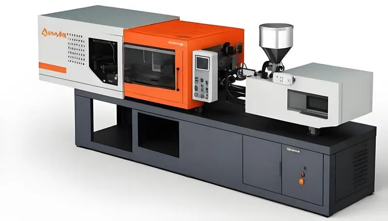 Side view of an industrial injection molding machine
