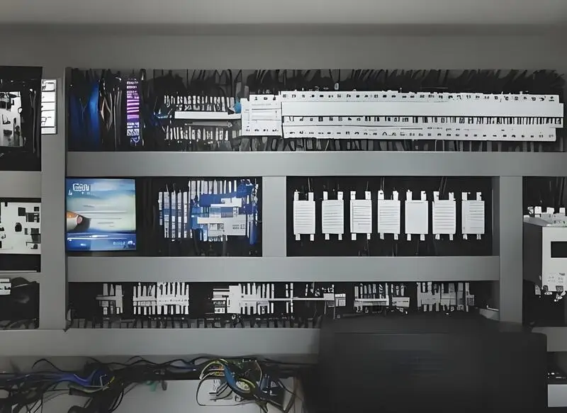 A control panel with various switches and wiring