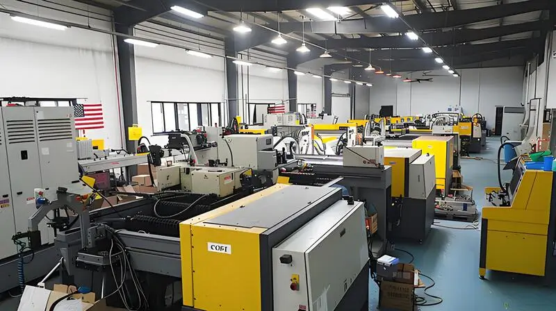 An industrial shop with multiple injection molding machines Numerous injection molding machines in a large factory setting