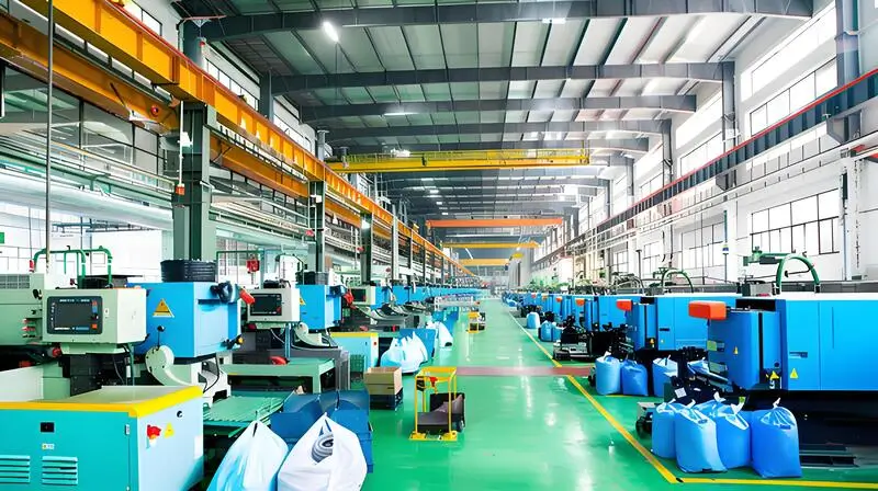 Industrial facility with injection molding machines and stacked bags