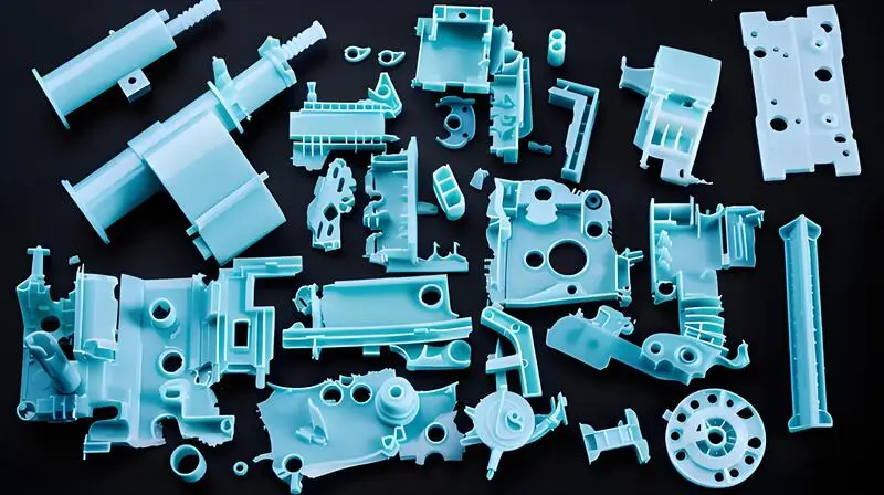 plastic injection molded parts Various light blue plastic injection molded parts arranged on a black surface