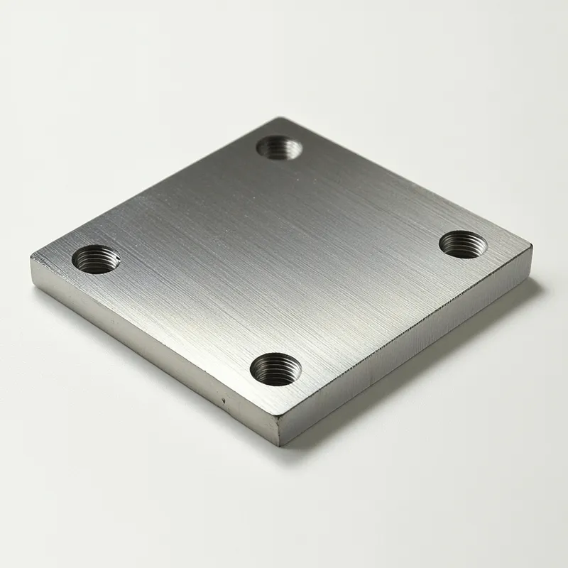 A square metallic plate with brushed finish and four threaded holes at the corners.