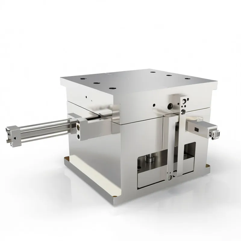 A metallic industrial mold with mechanical components.