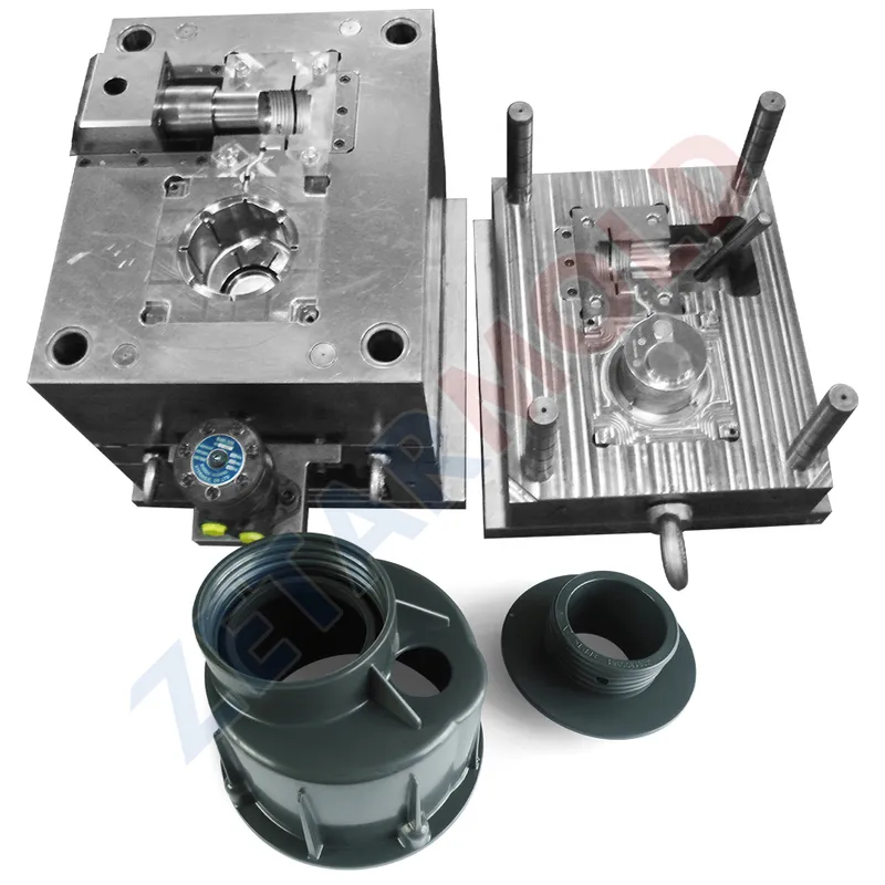 Image showing an open metal injection mold with plastic parts produced from the mold displayed in front.