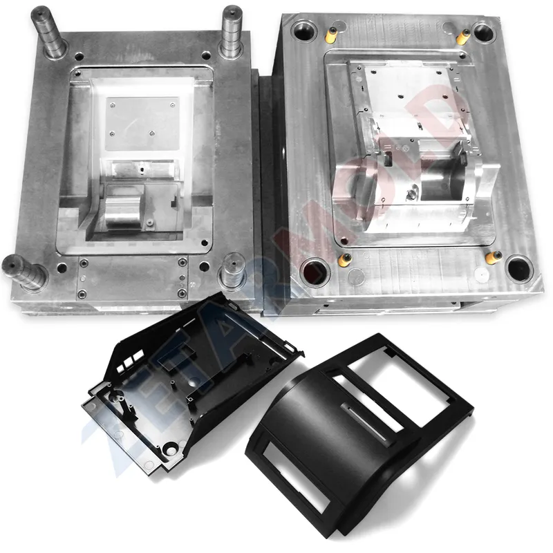 An injection mold with two separate mold components displayed alongside the molded plastic parts they produce.