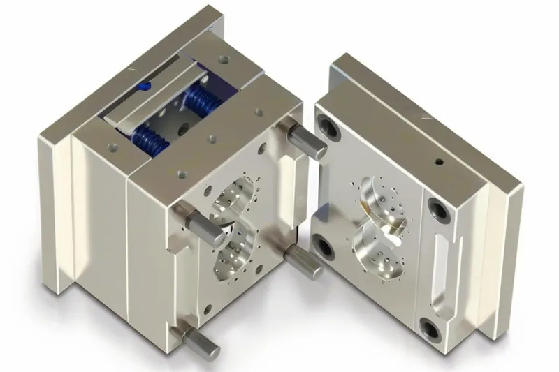 Two halves of an injection mold showing detailed cavities for manufacturing.