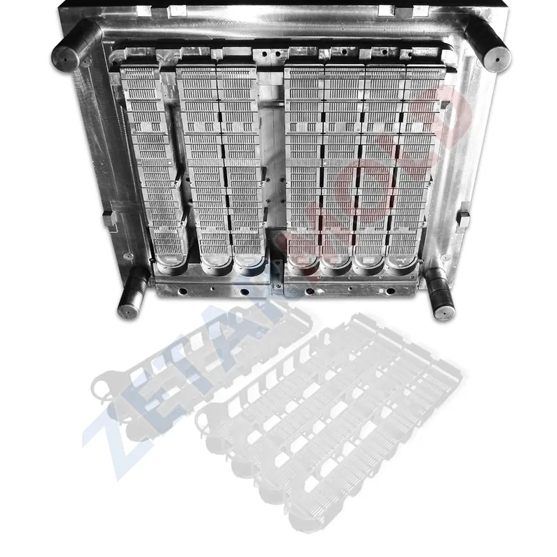 A detailed view of a metal injection mold tool with multiple cavities designed for the manufacturing of complex parts.