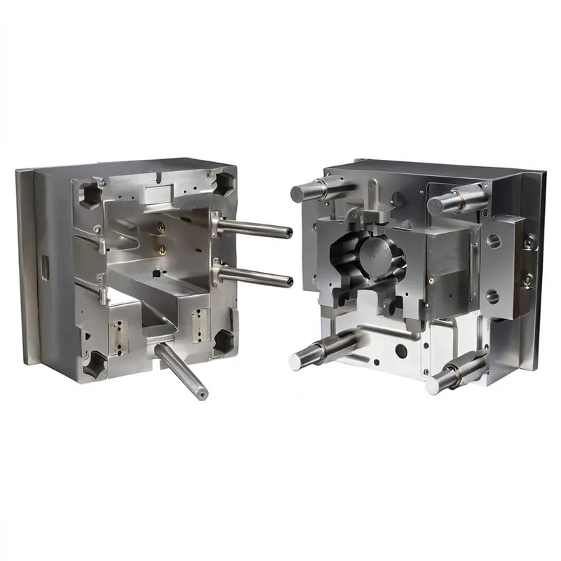 Two parts of an industrial injection mold, showing intricate metalwork and components.