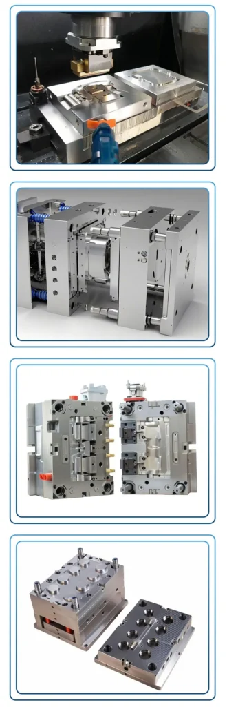 CNC makine süreci ve farklı kalıp bileşenleri de dahil olmak üzere metal makine parçaları ve kalıplarının çeşitli görüntüleri.