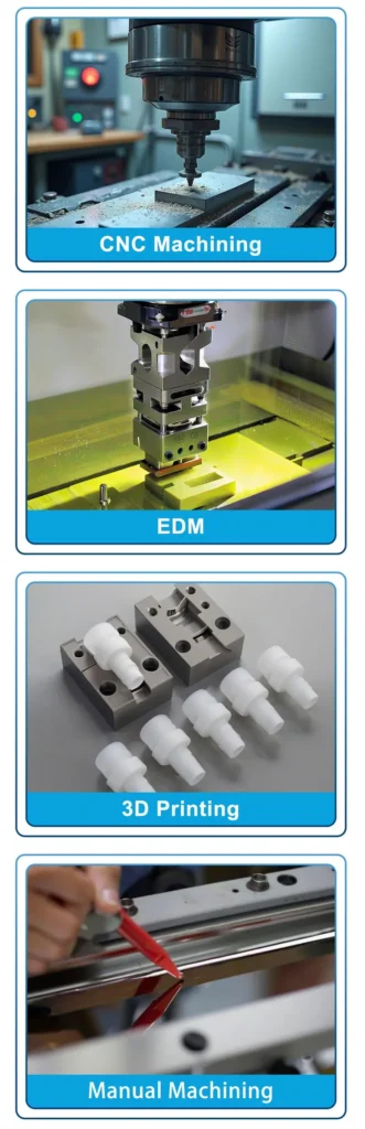 CNC 가공, EDM, 3D 프린팅, 수동 가공 등 다양한 가공 기술.