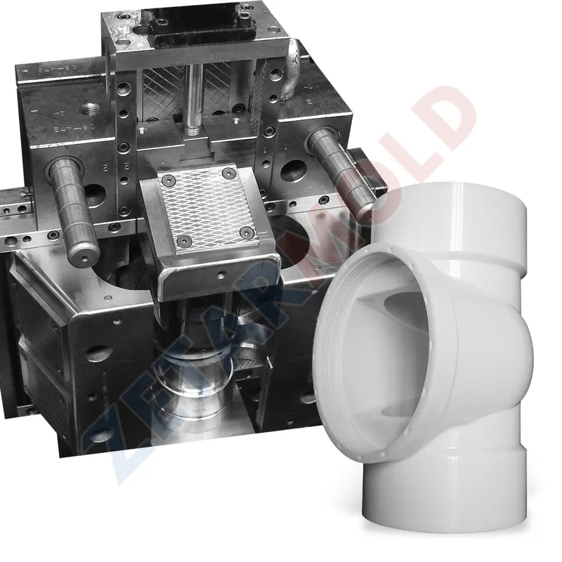 Image of a metallic mold with a white plastic pipe fitting beside it.