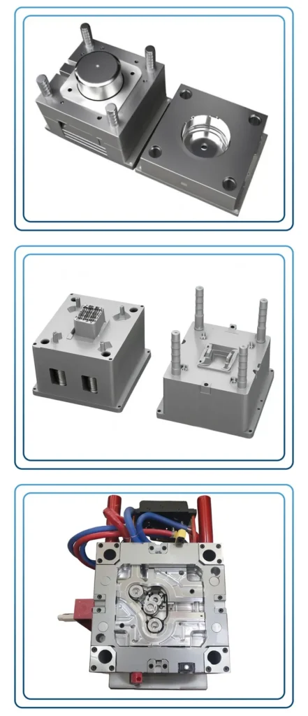 Three images showcasing various industrial plastic moulds with metal and wiring components.