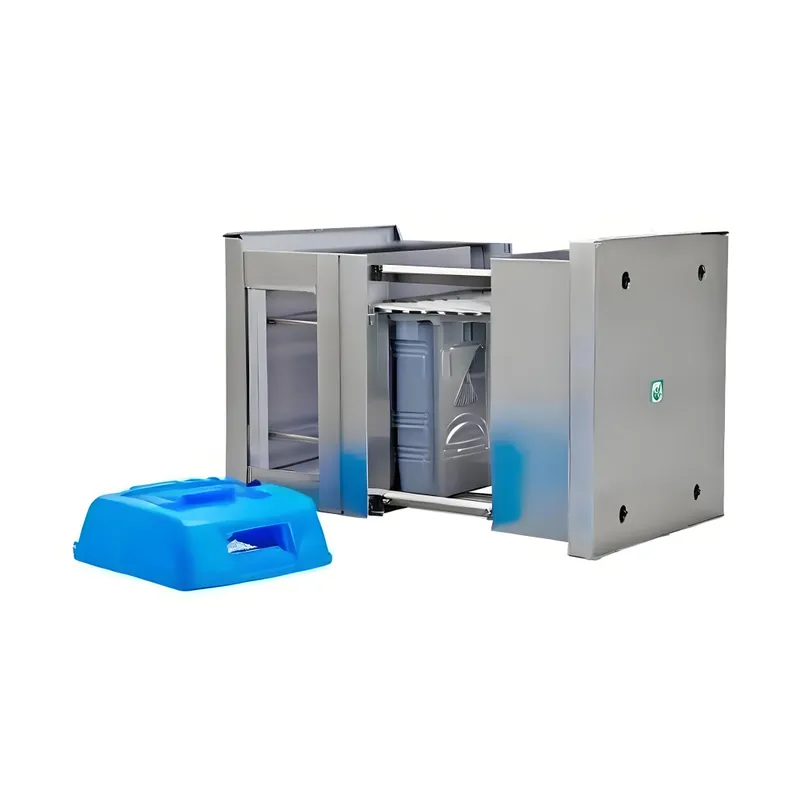 Stainless steel structure with a blue plastic container and compartments.