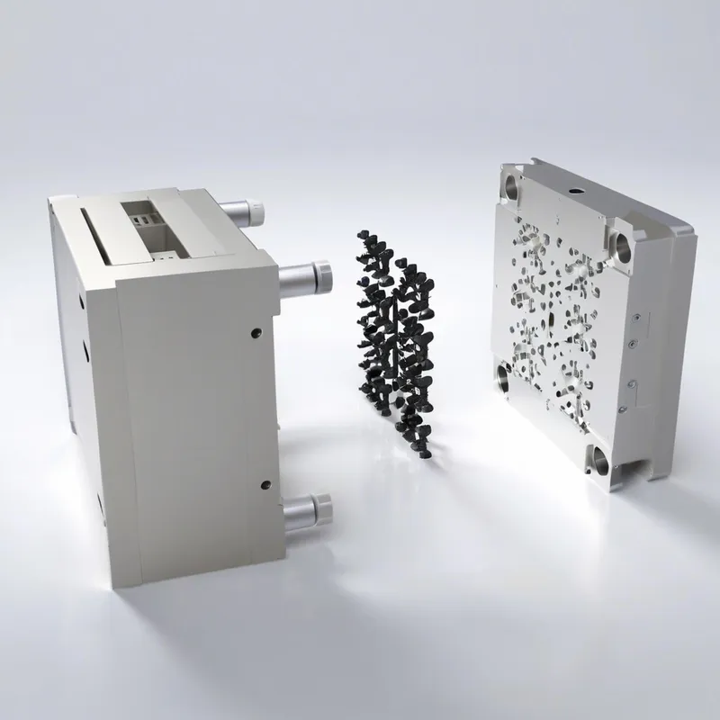 An injection mold split into two halves with small black plastic parts stacked between them.