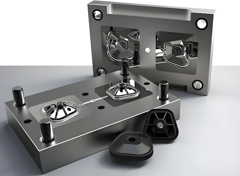 Spritzgussform Ein Bild einer metallischen Spritzgussform mit Formteilen und einem fertigen Produkt in der Nähe
