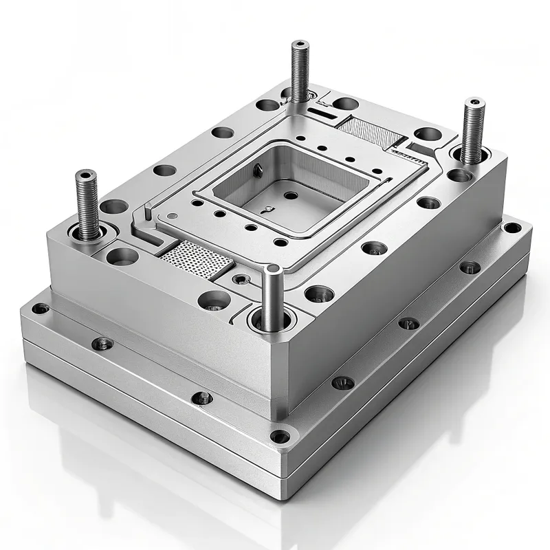 A detailed metal CNC machining die mold with various holes and protruding elements, typically used in manufacturing processes.