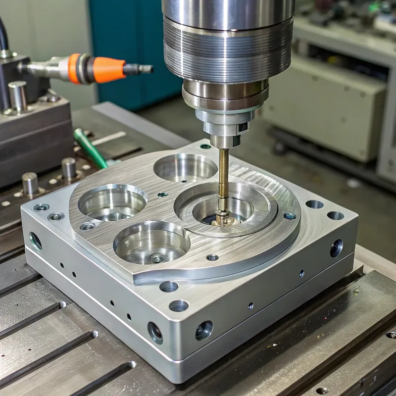 Frezeleme platformunda metal bir iş parçasına delik açan bir CNC makinesi.
