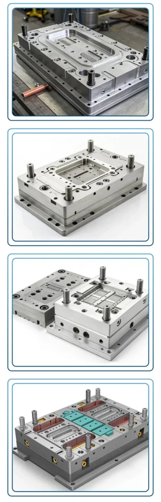 Vier Bilder zeigen verschiedene Metallformen, die in CNC-Bearbeitungsprozessen verwendet werden.