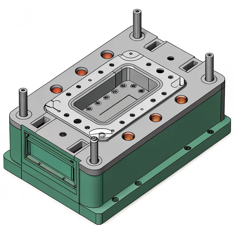 Model 3D formy odlewniczej przedstawiający liczne elementy i gniazda.