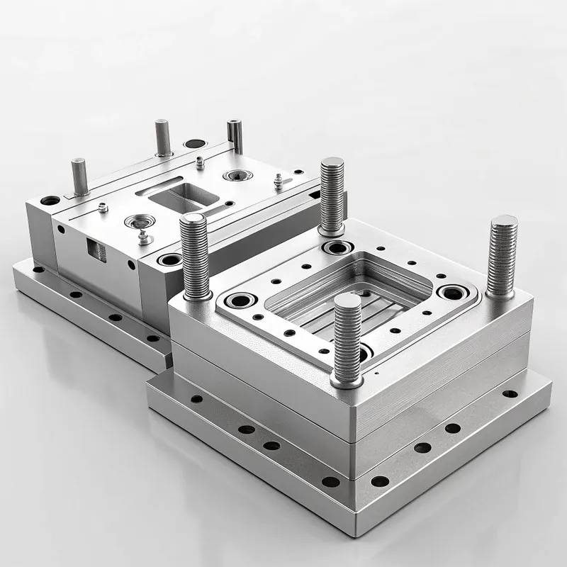 Image of metallic die mold components with multiple screws and plates.