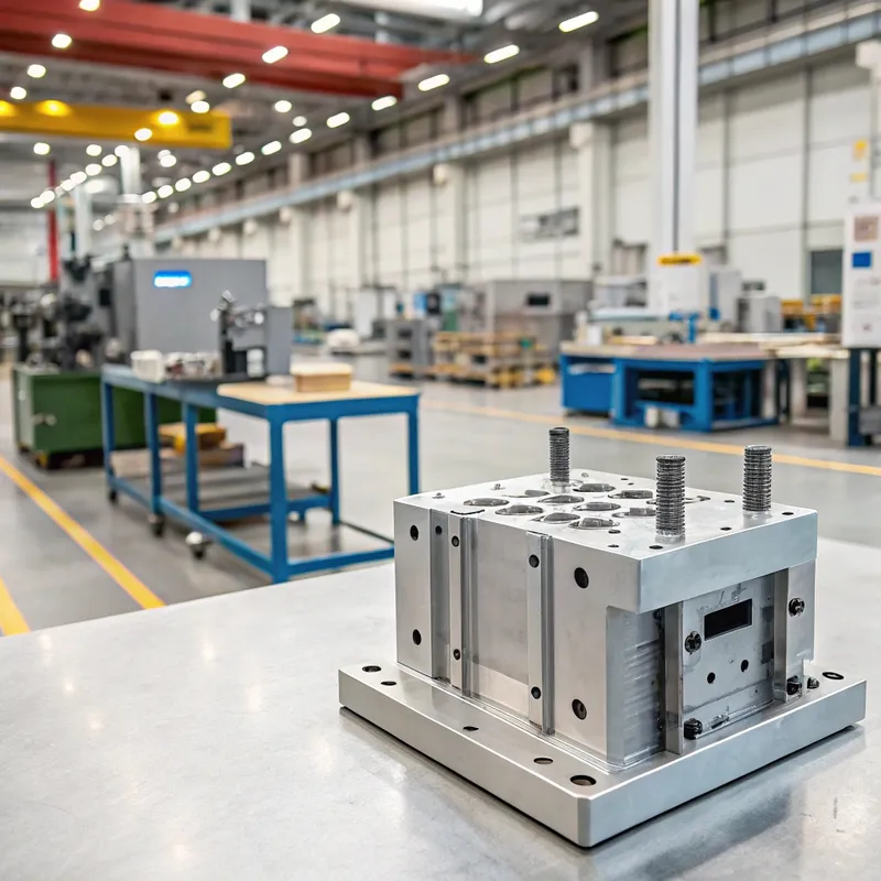Metallkomponente auf einem Tisch in einer großen, gut beleuchteten Industriefabrik.