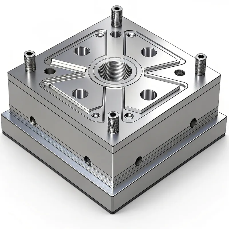 Vidalar ve geometrik desenler içeren metal bir bloğun ayrıntılı görüntüsü.
