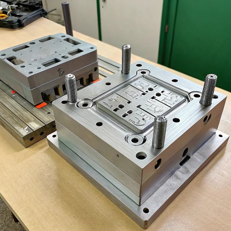 Metallformteile auf einer Werkbank in einer Werkstatt.