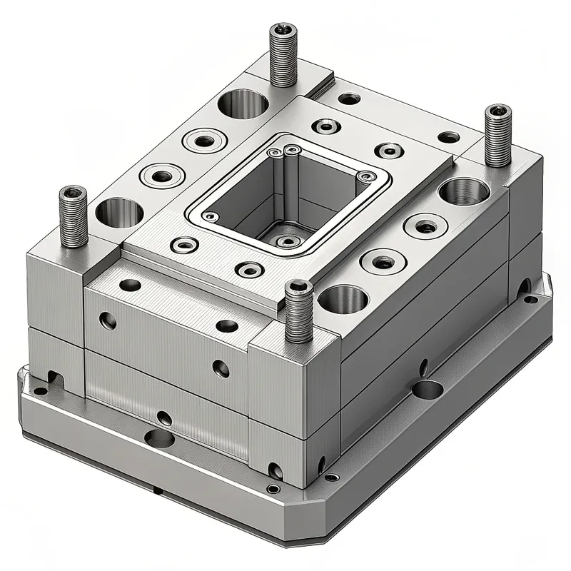 Render 3D przemysłowej formy wtryskowej wykonanej z metalowych elementów, z widocznymi kilkoma śrubami.