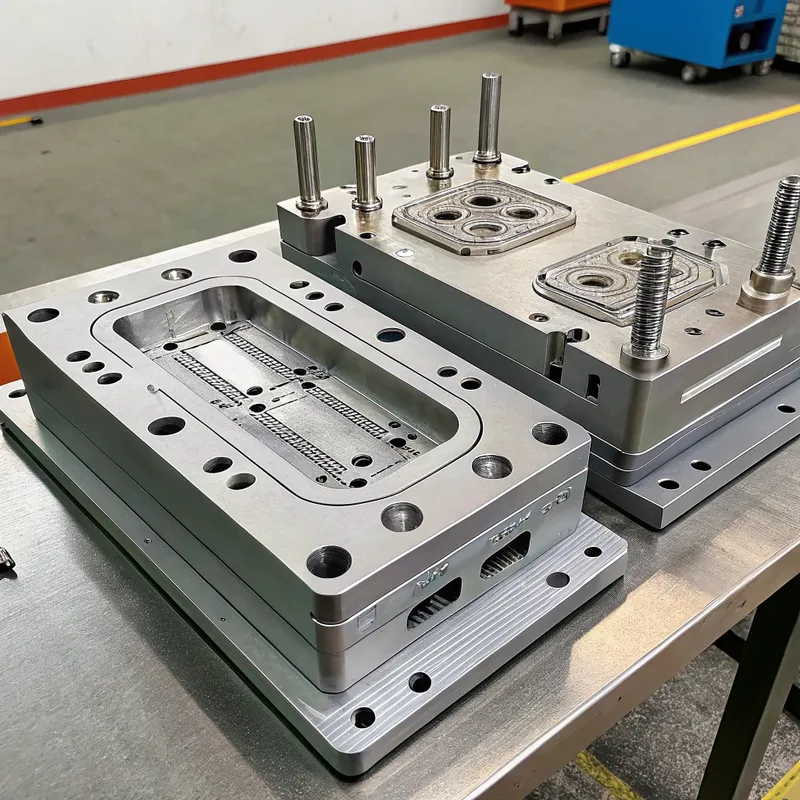 Zwei Metallteile einer Spritzgießmaschine auf einer Werkbank.