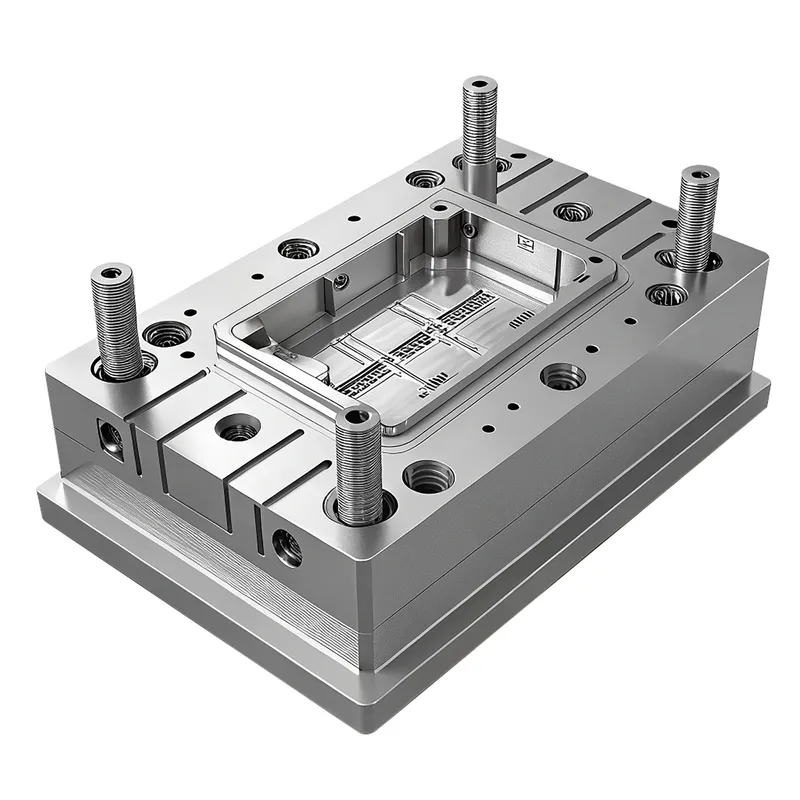 A metal injection mould component with multiple screws and detailed grooves, designed for manufacturing precision parts.