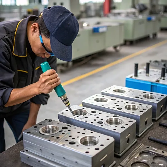 Person in a cap and safety glasses using a tool on metal parts in an industrial setting.