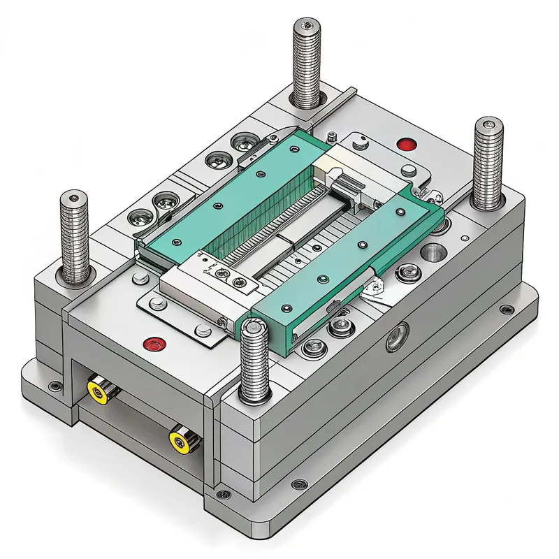 3D-Modell einer mechanischen Komponente mit mehreren Schraubbefestigungen und einem zentralen Metallteil