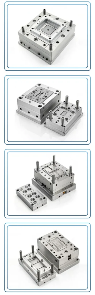 Set aus Metallformen für den Metallspritzguss, die verschiedene Konfigurationen und Komponenten zeigen.