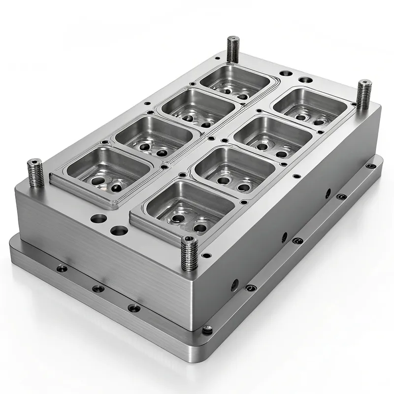 A rectangular metal block with multiple square cavities and bolts, used for industrial molding.