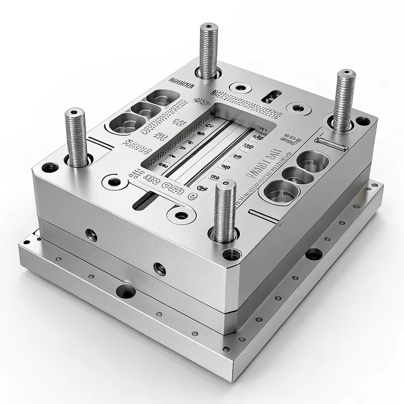 Eine präzisionsgefertigte Metallform mit verschiedenen eingravierten Maßen und Komponenten.