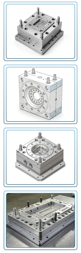 Eine Reihe von Bildern, die verschiedene Perspektiven und Designs von Metallformen zeigen.