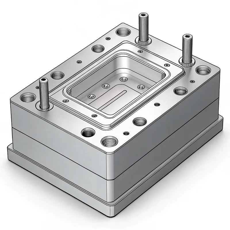 3D rendering of a mold base with multiple holes and guide pins.