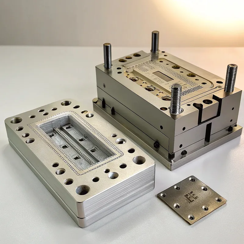 A metal mold tool with multiple parts and components on a white surface.