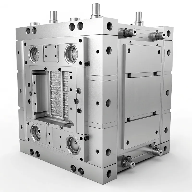 Large block of precision-engineered metal used for industrial mold making with multiple holes and fittings.