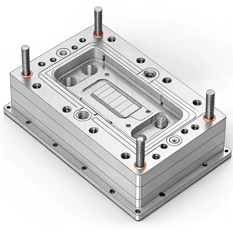 3D rendering of a plastic injection mold showing detailed cavities and industrial design.